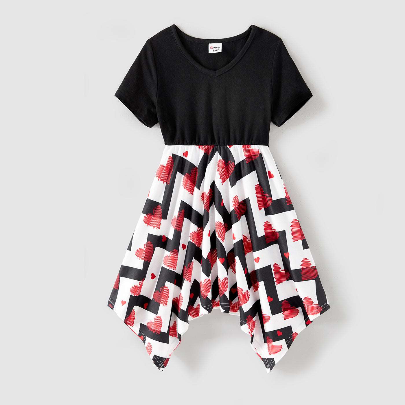 Family Matching 95% Cotton Black Short-sleeve T-shirts and Allover Heart Print Chevron Striped Asymmetric Hem Spliced Dresses Sets - 20540700