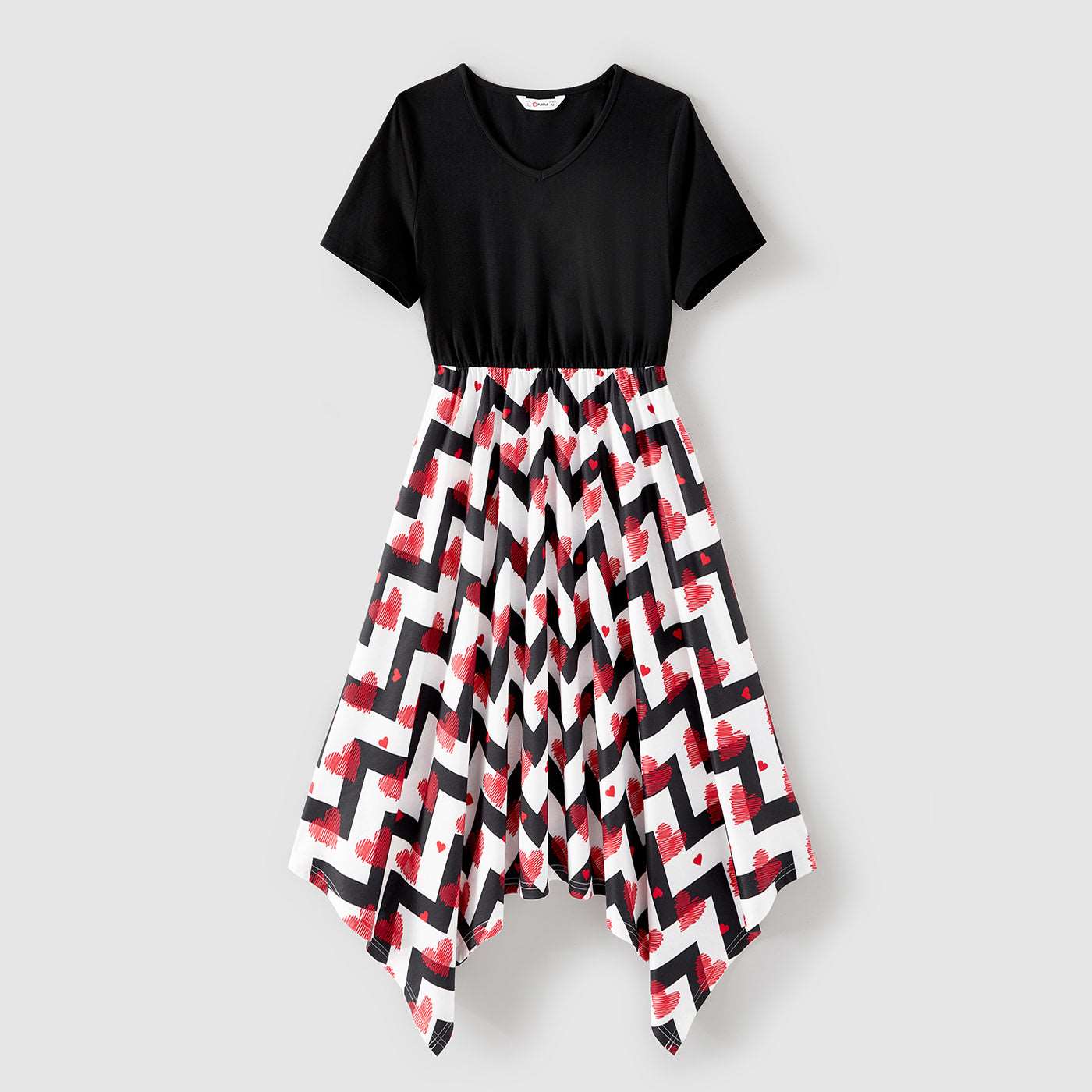 Family Matching 95% Cotton Black Short-sleeve T-shirts and Allover Heart Print Chevron Striped Asymmetric Hem Spliced Dresses Sets - 20540700