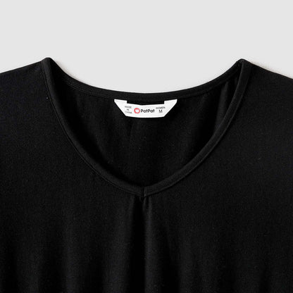 Family Matching 95% Cotton Black Short-sleeve T-shirts and Allover Heart Print Chevron Striped Asymmetric Hem Spliced Dresses Sets - 20540700