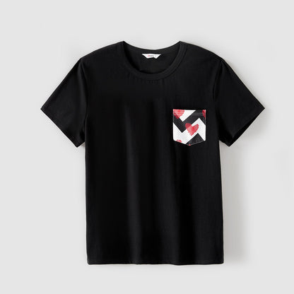 Family Matching 95% Cotton Black Short-sleeve T-shirts and Allover Heart Print Chevron Striped Asymmetric Hem Spliced Dresses Sets - 20540700