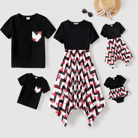 Family Matching 95% Cotton Black Short-sleeve T-shirts and Allover Heart Print Chevron Striped Asymmetric Hem Spliced Dresses Sets - 20540700