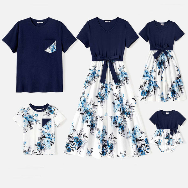 Family Matching 95% Cotton Dark Blue Short-sleeve T-shirts and Floral Print Spliced Dresses Sets - 20551580