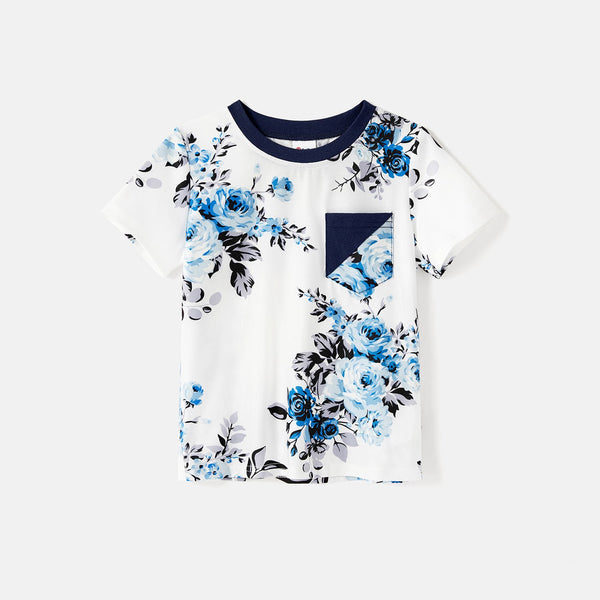 Family Matching 95% Cotton Dark Blue Short-sleeve T-shirts and Floral Print Spliced Dresses Sets - 20551580