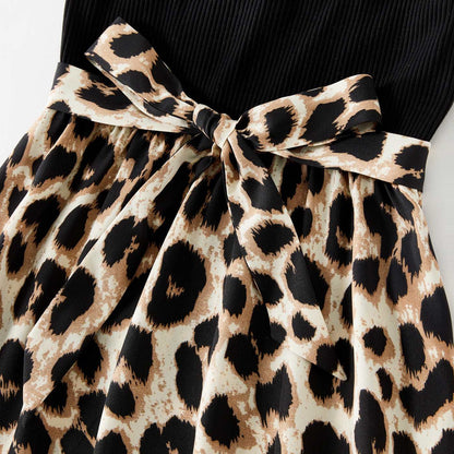 Family Matching 95% Cotton Short-sleeve T-shirts and Rib Knit Spliced Leopard Belted Cami Dresses Sets - 20460028