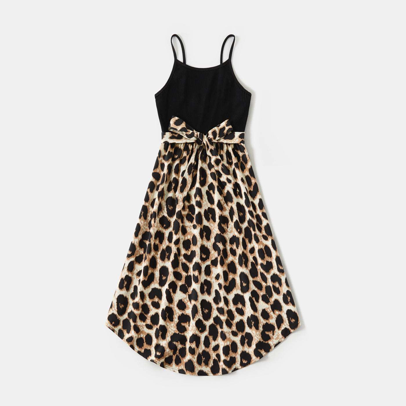Family Matching 95% Cotton Short-sleeve T-shirts and Rib Knit Spliced Leopard Belted Cami Dresses Sets - 20460028
