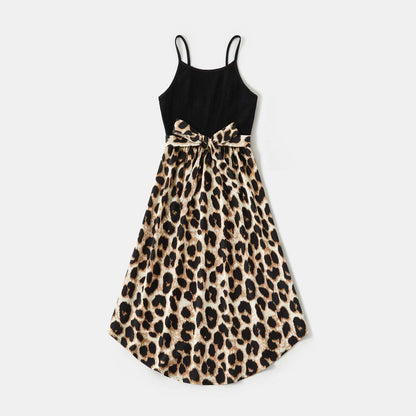Family Matching 95% Cotton Short-sleeve T-shirts and Rib Knit Spliced Leopard Belted Cami Dresses Sets - 20460028