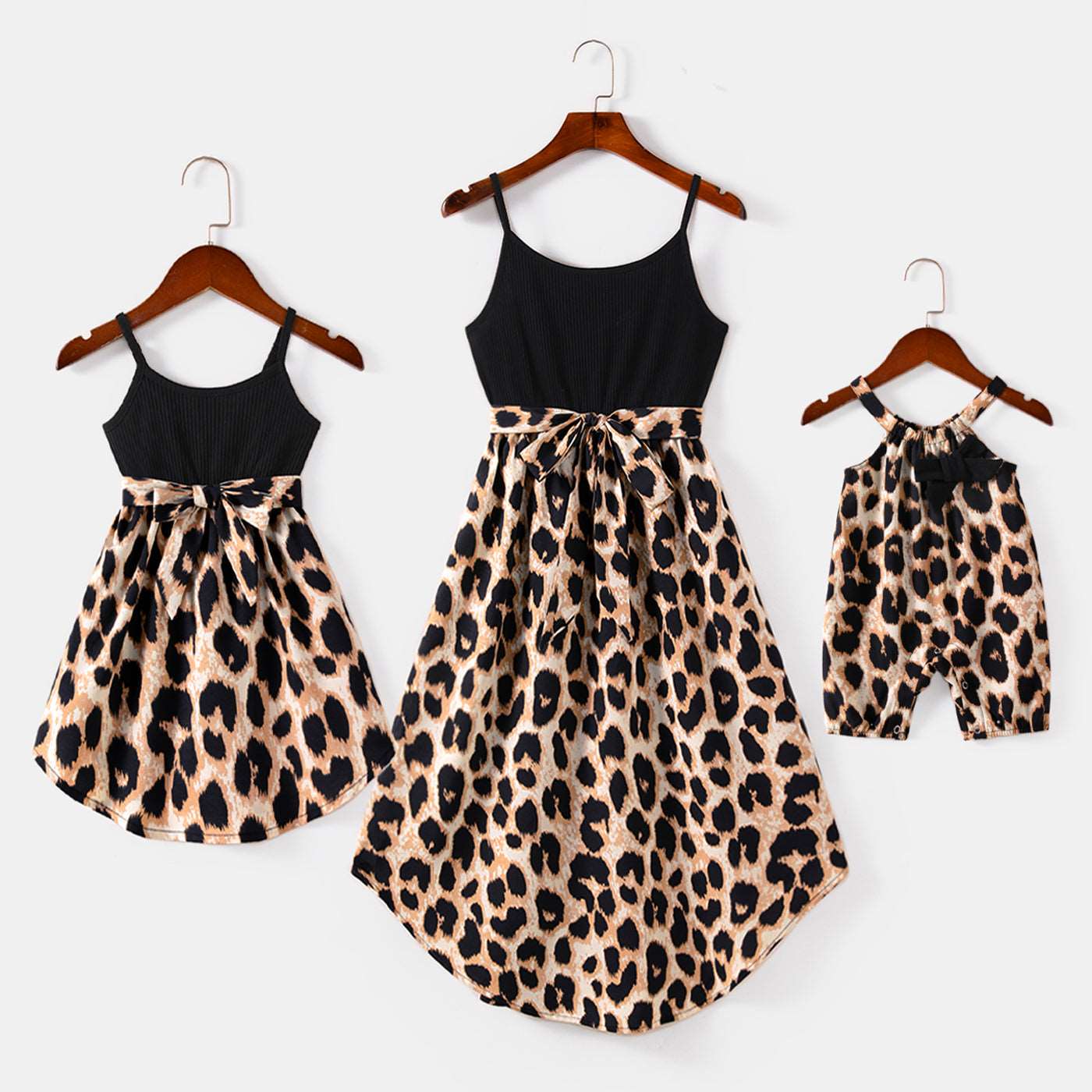 Family Matching 95% Cotton Short-sleeve T-shirts and Rib Knit Spliced Leopard Belted Cami Dresses Sets - 20460028
