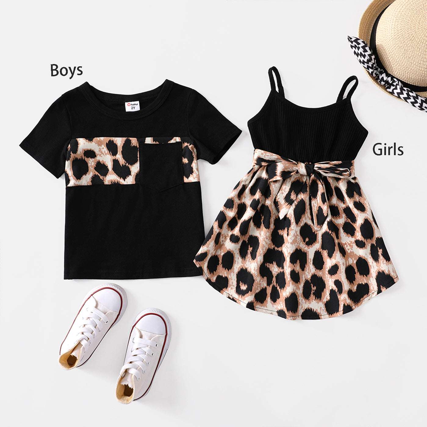 Family Matching 95% Cotton Short-sleeve T-shirts and Rib Knit Spliced Leopard Belted Cami Dresses Sets - 20460028