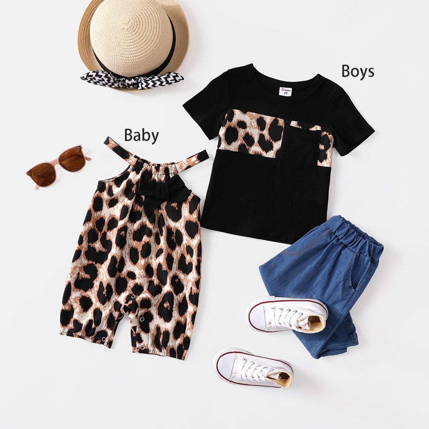Family Matching 95% Cotton Short-sleeve T-shirts and Rib Knit Spliced Leopard Belted Cami Dresses Sets - 20460028