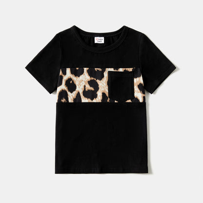 Family Matching 95% Cotton Short-sleeve T-shirts and Rib Knit Spliced Leopard Belted Cami Dresses Sets - 20460028