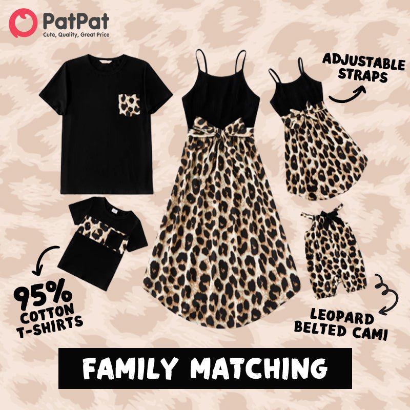 Family Matching 95% Cotton Short-sleeve T-shirts and Rib Knit Spliced Leopard Belted Cami Dresses Sets - 20460028