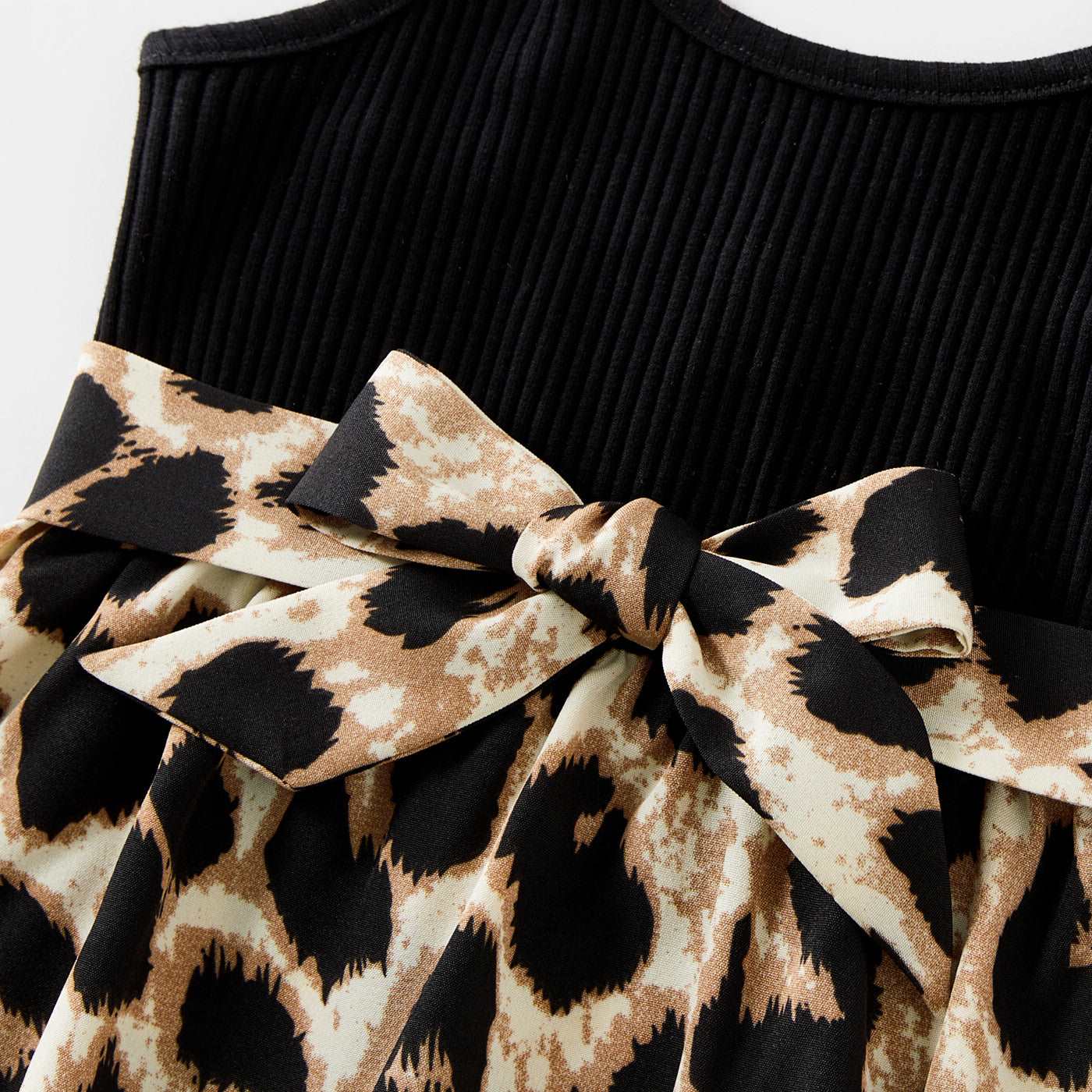 Family Matching 95% Cotton Short-sleeve T-shirts and Rib Knit Spliced Leopard Belted Cami Dresses Sets - 20460028