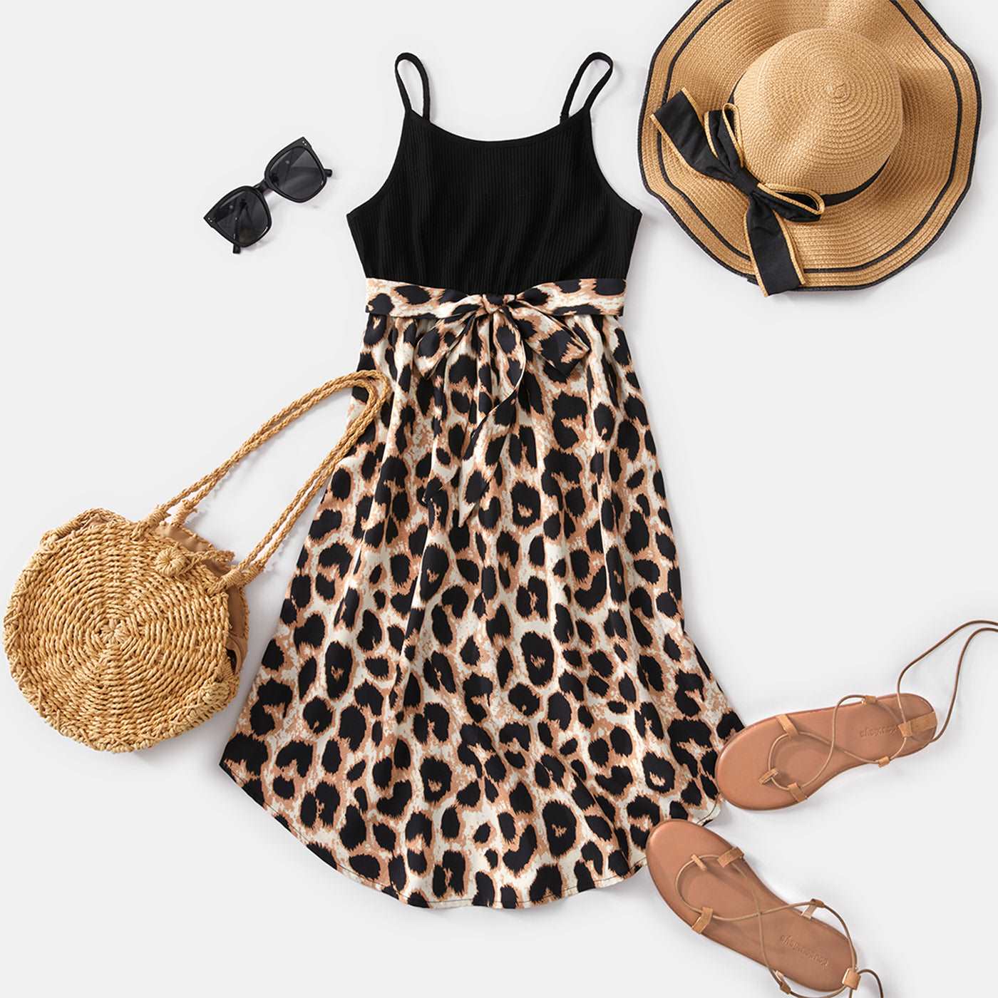 Family Matching 95% Cotton Short-sleeve T-shirts and Rib Knit Spliced Leopard Belted Cami Dresses Sets - 20460028