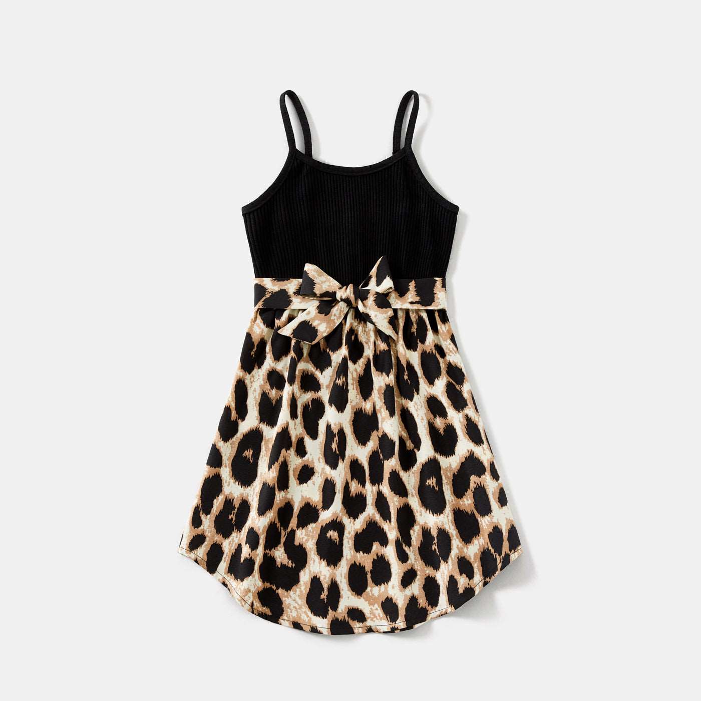 Family Matching 95% Cotton Short-sleeve T-shirts and Rib Knit Spliced Leopard Belted Cami Dresses Sets - 20460028