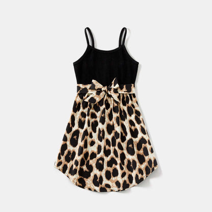 Family Matching 95% Cotton Short-sleeve T-shirts and Rib Knit Spliced Leopard Belted Cami Dresses Sets - 20460028