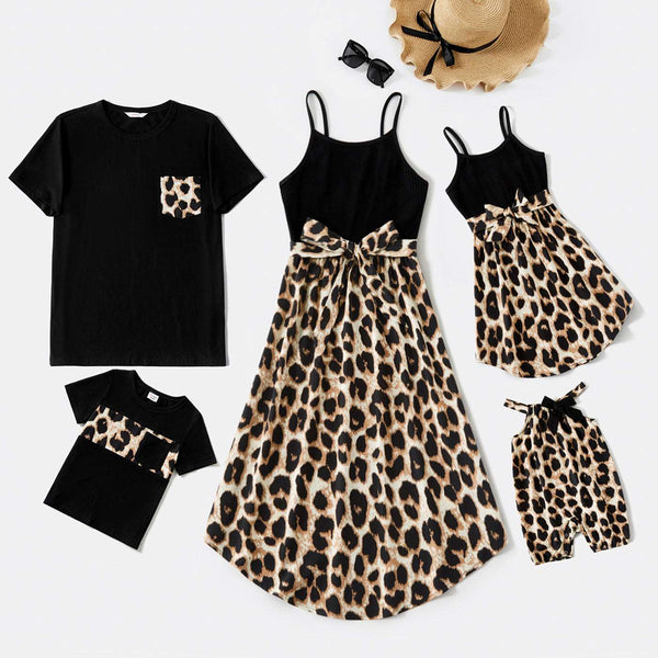 Family Matching 95% Cotton Short-sleeve T-shirts and Rib Knit Spliced Leopard Belted Cami Dresses Sets - 20460028