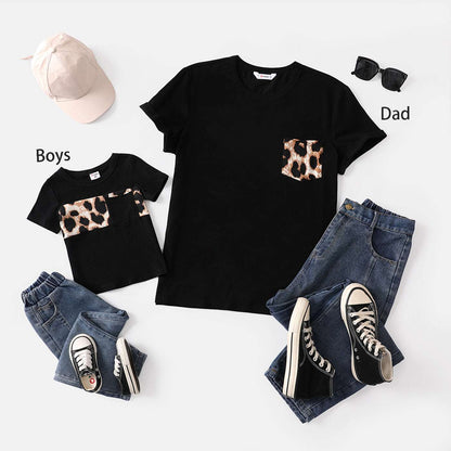 Family Matching 95% Cotton Short-sleeve T-shirts and Rib Knit Spliced Leopard Belted Cami Dresses Sets - 20460028
