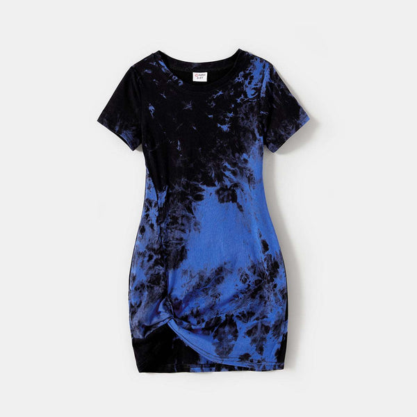 Family Matching 95% Cotton Short-sleeve Tie Dye Twist Knot Bodycon Dresses and T-shirts Sets - 20623668