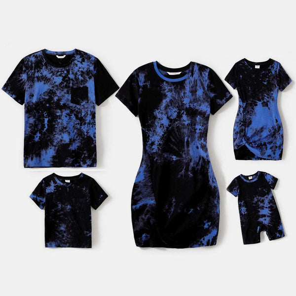 Family Matching 95% Cotton Short-sleeve Tie Dye Twist Knot Bodycon Dresses and T-shirts Sets - 20623668