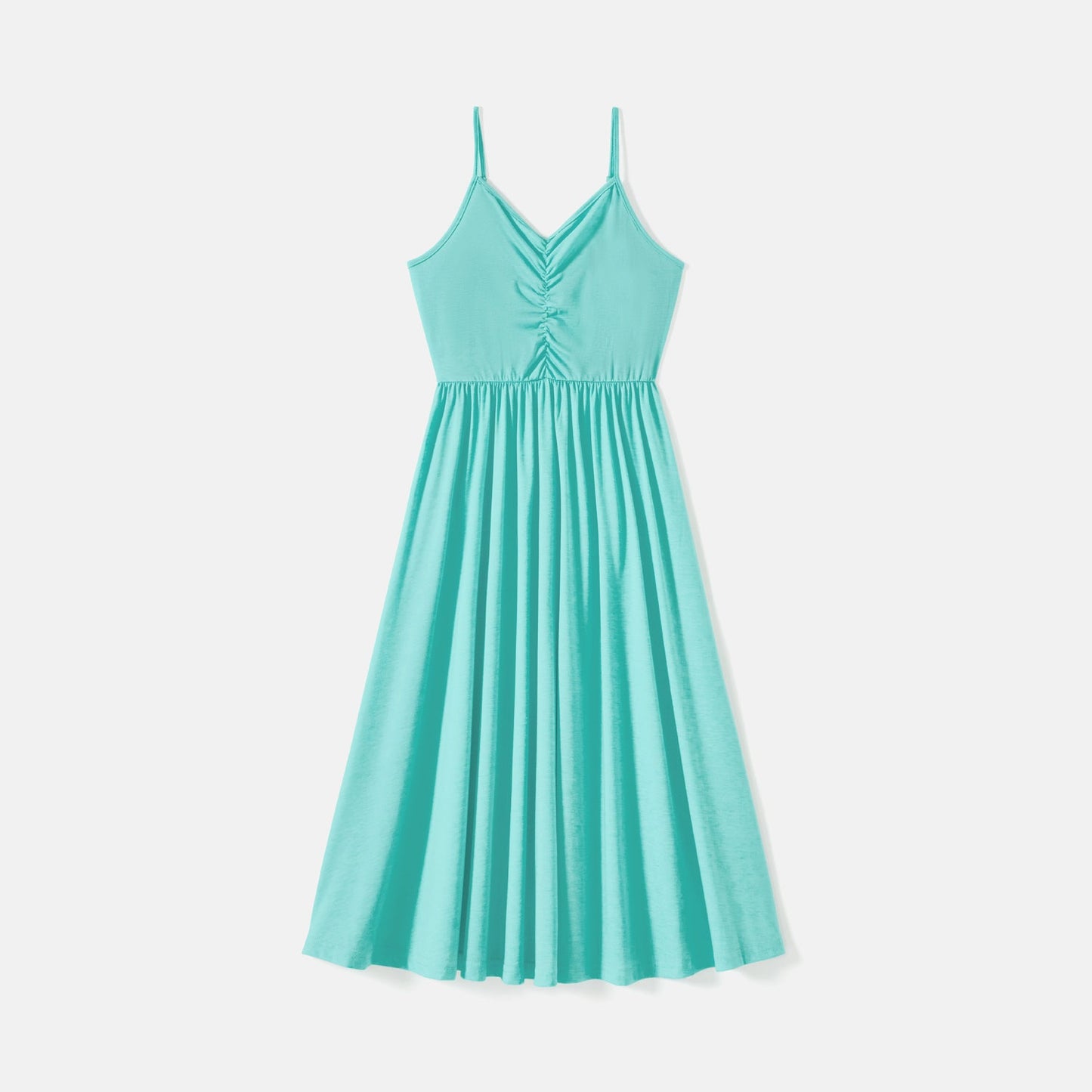 Family Matching 95% Cotton Solid V Neck Ruched Cami Dresses and Colorblock Short-sleeve Tee Sets - 20597000