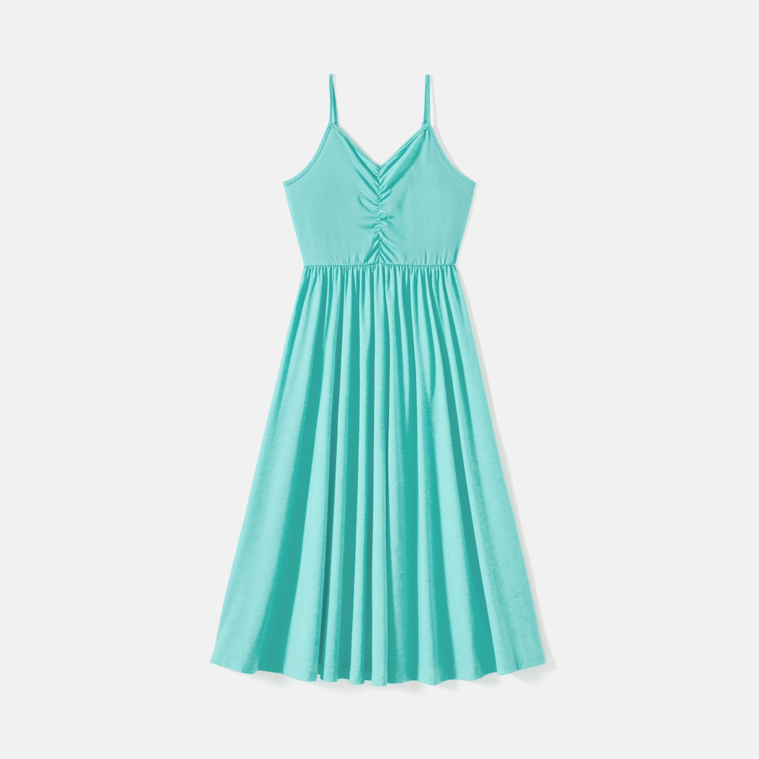 Family Matching 95% Cotton Solid V Neck Ruched Cami Dresses and Colorblock Short-sleeve Tee Sets - 20597000