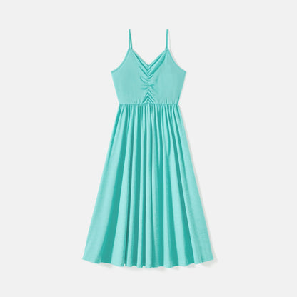 Family Matching 95% Cotton Solid V Neck Ruched Cami Dresses and Colorblock Short-sleeve Tee Sets - 20597000
