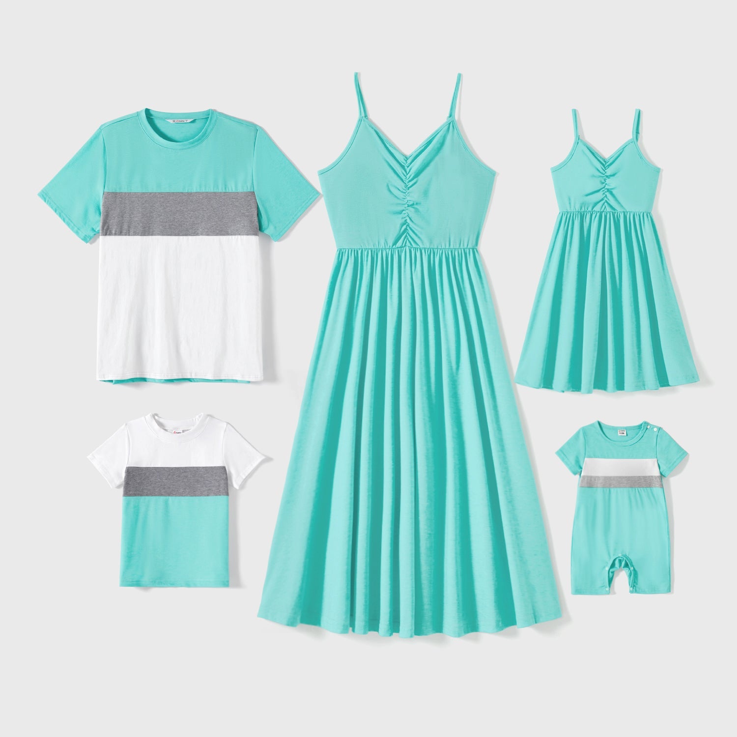 Family Matching 95% Cotton Solid V Neck Ruched Cami Dresses and Colorblock Short-sleeve Tee Sets - 20597000