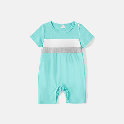 Family Matching 95% Cotton Solid V Neck Ruched Cami Dresses and Colorblock Short-sleeve Tee Sets - 20597000