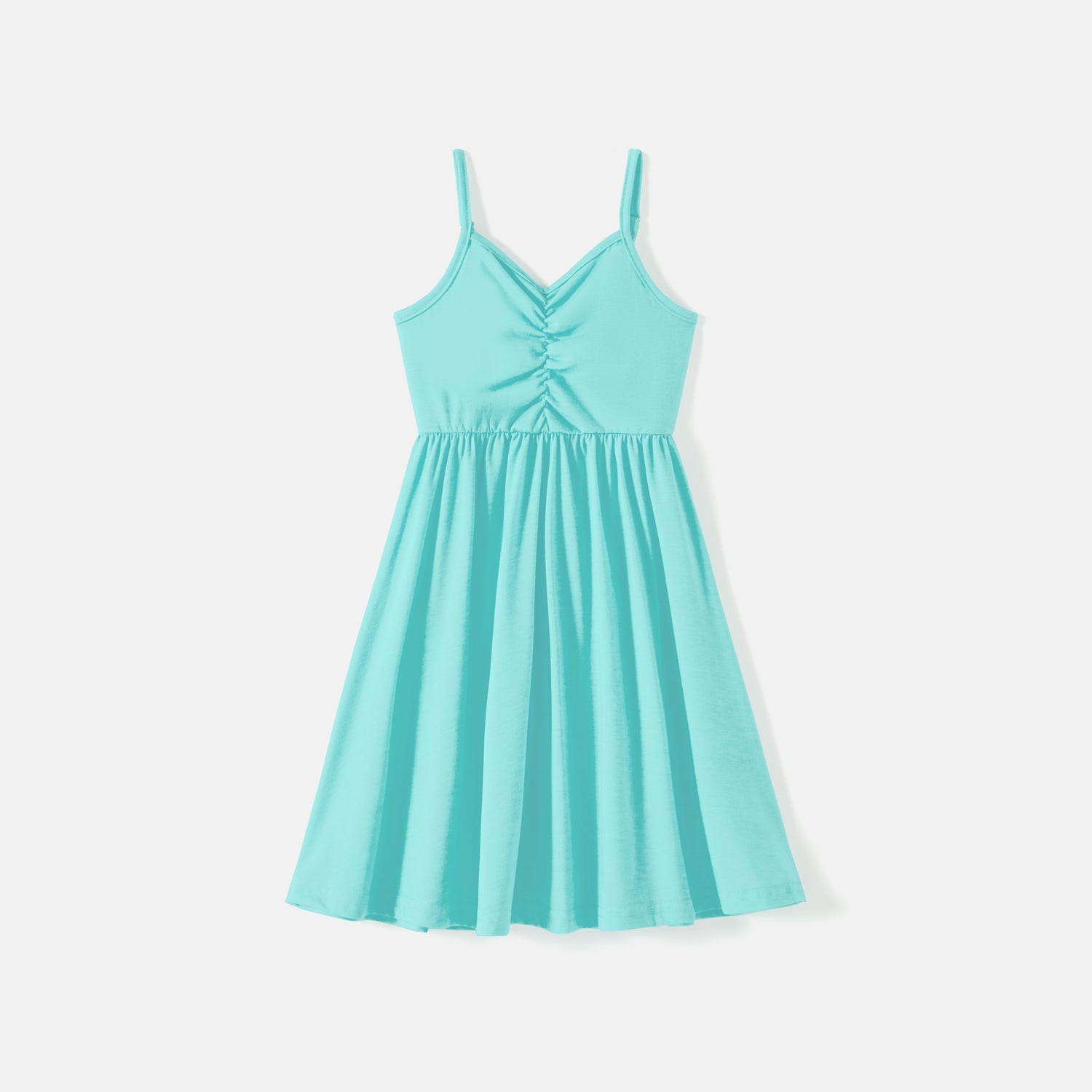 Family Matching 95% Cotton Solid V Neck Ruched Cami Dresses and Colorblock Short-sleeve Tee Sets - 20597000