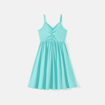 Family Matching 95% Cotton Solid V Neck Ruched Cami Dresses and Colorblock Short-sleeve Tee Sets - 20597000