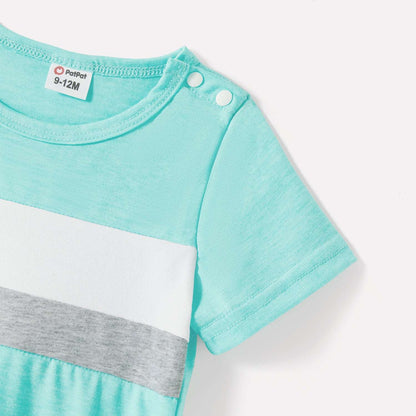Family Matching 95% Cotton Solid V Neck Ruched Cami Dresses and Colorblock Short-sleeve Tee Sets - 20597000