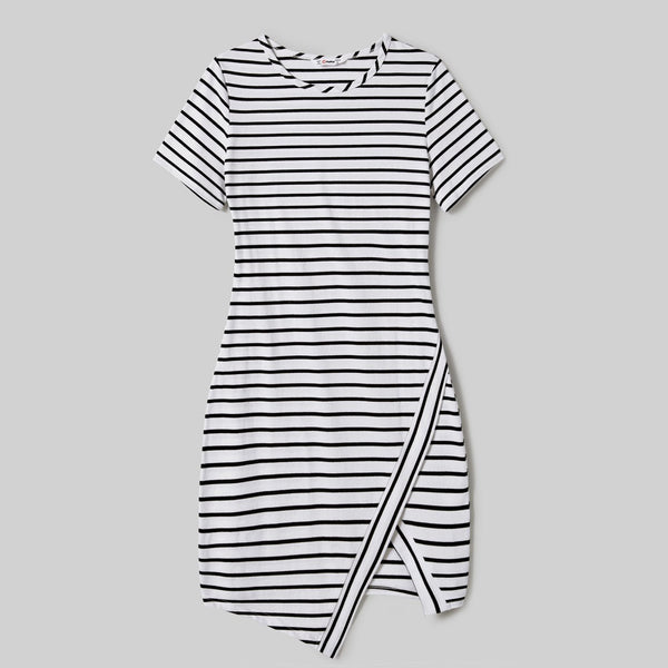 Family Matching 95% Cotton Stripe Asymmetrical Hem Short-sleeve Dresses and Stripe Panel T-shirts Sets - 20675349