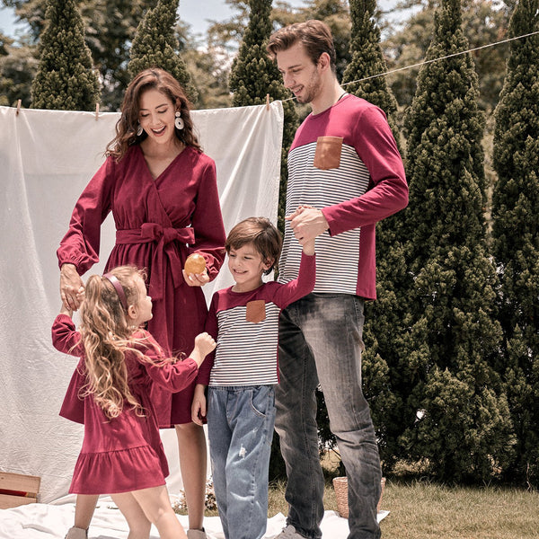 Family Matching 95% Cotton Striped Spliced T-shirts and Solid Surplice Neck Long-sleeve Dresses Sets - 20470678