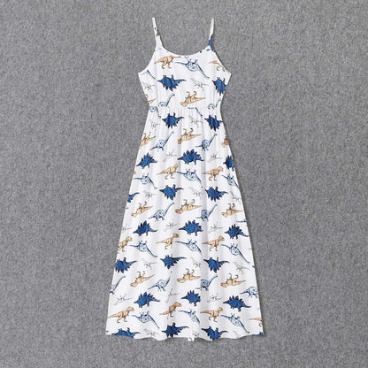 Family Matching All Over Dinosaur Print Spaghetti Strap Midi Dresses and Short-sleeve T-shirts Sets - 20368409
