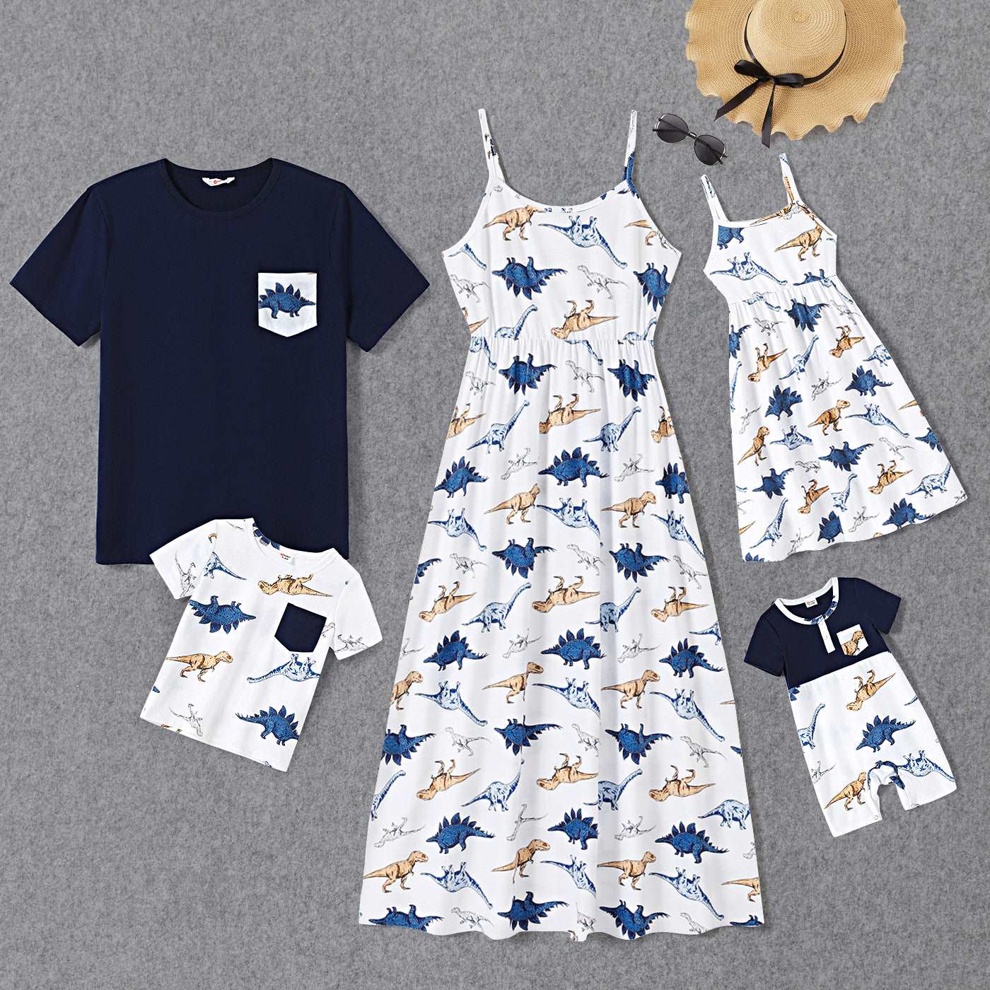 Family Matching All Over Dinosaur Print Spaghetti Strap Midi Dresses and Short-sleeve T-shirts Sets - 20368409