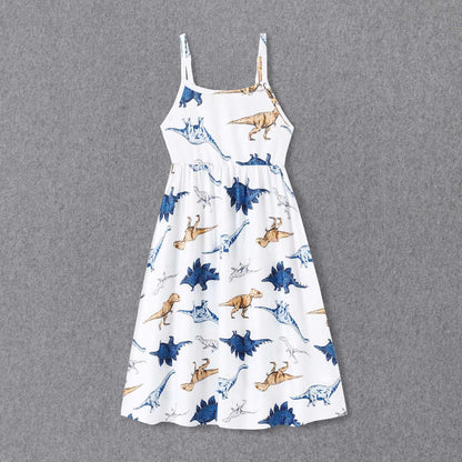 Family Matching All Over Dinosaur Print Spaghetti Strap Midi Dresses and Short-sleeve T-shirts Sets - 20368409