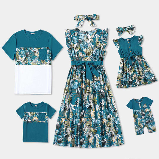 Family Matching All Over Floral Print Blue V Neck Ruffle Dresses and Short-sleeve Splicing T-shirts Sets - 20301504