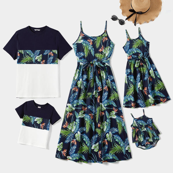 Family Matching All Over Floral Print Round Neck Spaghetti Strap Dresses and Splicing Short-sleeve T-shirts Sets - 20656002