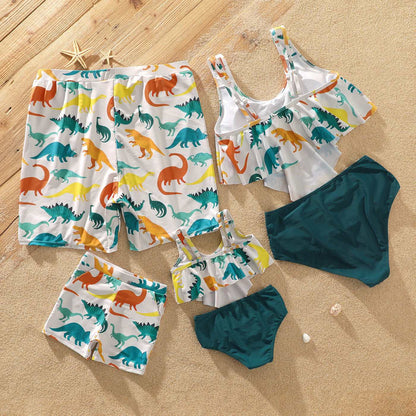 Family Matching All Over Multicolor Dinosaur Print Swim Trunks Shorts and Ruffle Two-Piece Swimsuit - 20329588