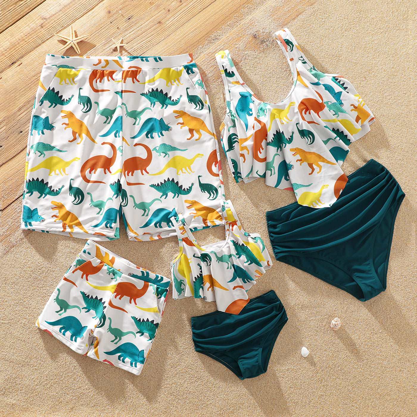 Family Matching All Over Multicolor Dinosaur Print Swim Trunks Shorts and Ruffle Two-Piece Swimsuit - 20329588