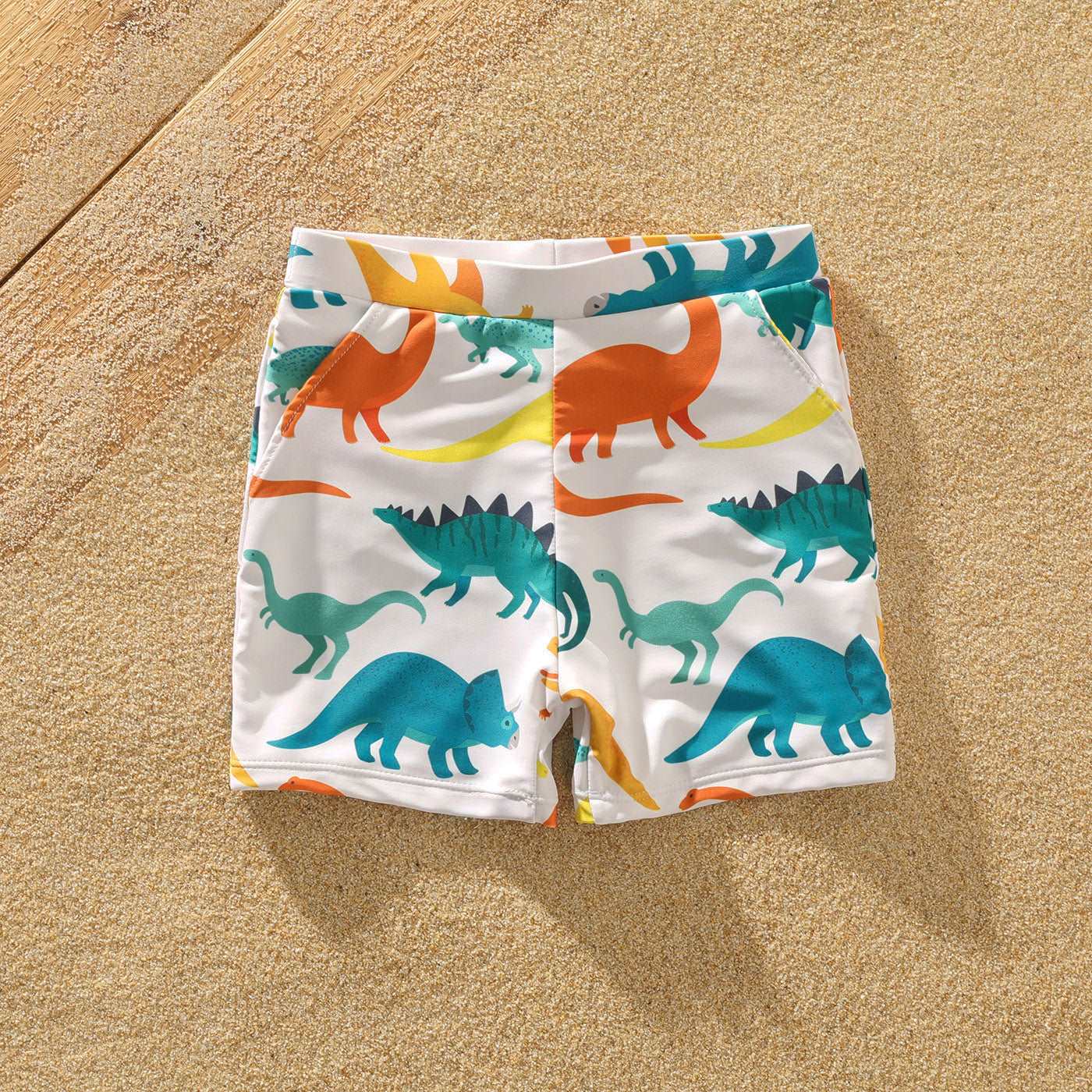 Family Matching All Over Multicolor Dinosaur Print Swim Trunks Shorts and Ruffle Two-Piece Swimsuit - 20329588