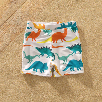 Family Matching All Over Multicolor Dinosaur Print Swim Trunks Shorts and Ruffle Two-Piece Swimsuit - 20329588