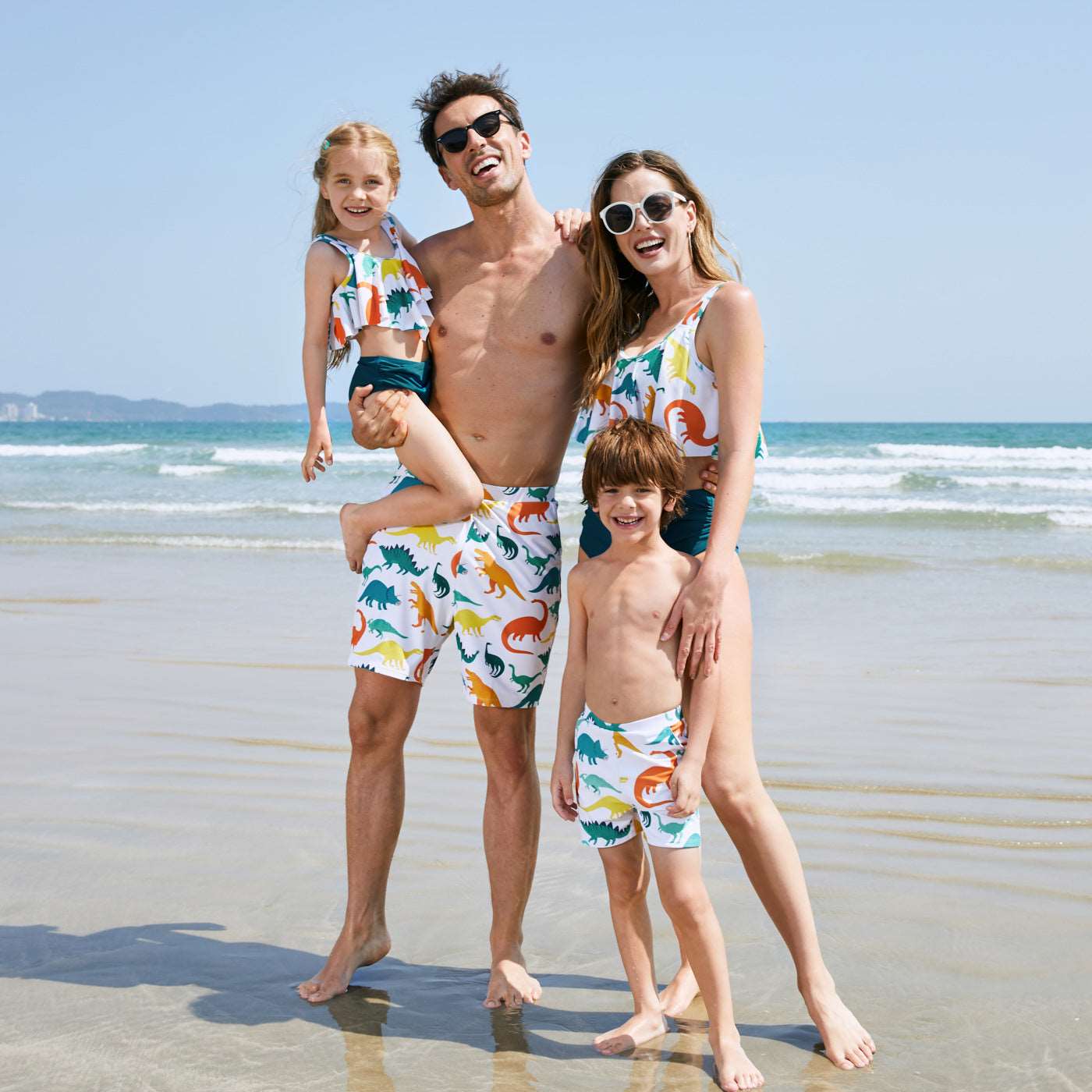Family Matching All Over Multicolor Dinosaur Print Swim Trunks Shorts and Ruffle Two-Piece Swimsuit - 20329588