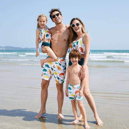 Family Matching All Over Multicolor Dinosaur Print Swim Trunks Shorts and Ruffle Two-Piece Swimsuit - 20329588