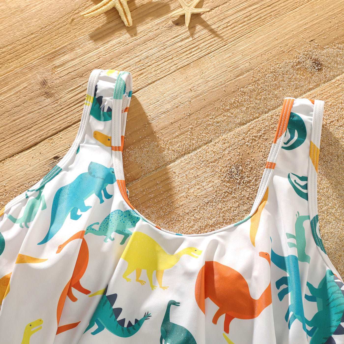 Family Matching All Over Multicolor Dinosaur Print Swim Trunks Shorts and Ruffle Two-Piece Swimsuit - 20329588