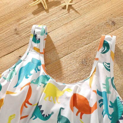 Family Matching All Over Multicolor Dinosaur Print Swim Trunks Shorts and Ruffle Two-Piece Swimsuit - 20329588