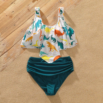 Family Matching All Over Multicolor Dinosaur Print Swim Trunks Shorts and Ruffle Two-Piece Swimsuit - 20329588
