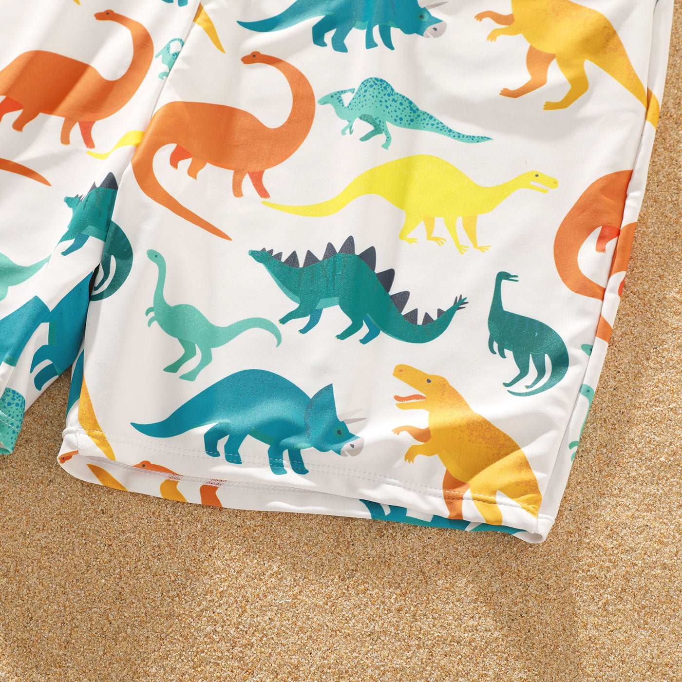 Family Matching All Over Multicolor Dinosaur Print Swim Trunks Shorts and Ruffle Two-Piece Swimsuit - 20329588