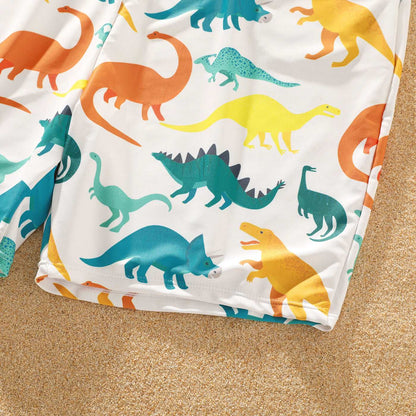 Family Matching All Over Multicolor Dinosaur Print Swim Trunks Shorts and Ruffle Two-Piece Swimsuit - 20329588