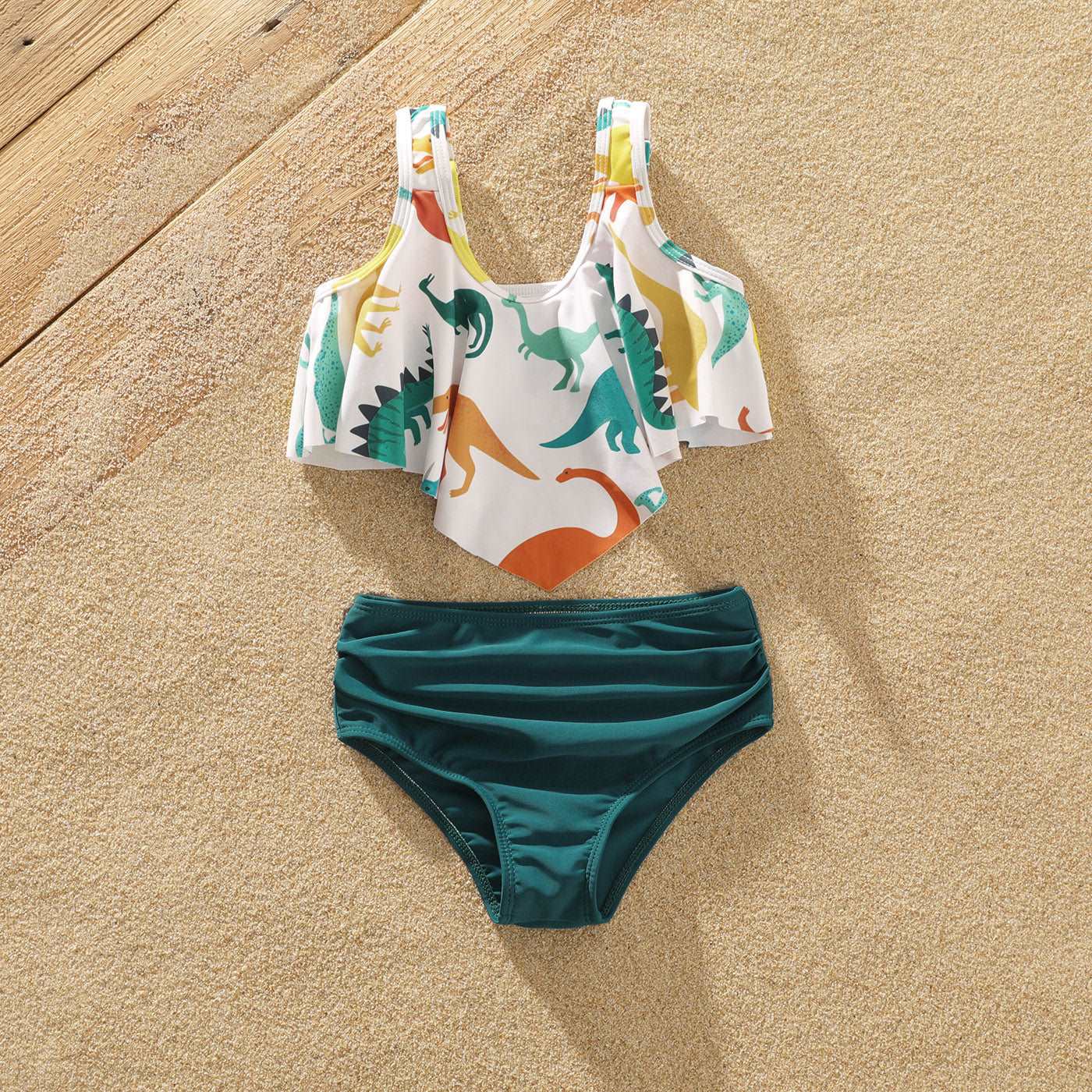 Family Matching All Over Multicolor Dinosaur Print Swim Trunks Shorts and Ruffle Two-Piece Swimsuit - 20329588